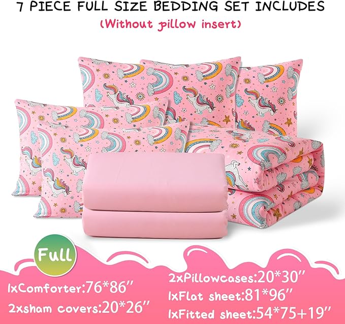 Glow in The Dark Kids Comforter Set, 7 Pieces Pink Unicorn Bedding Set Full Size for Boys Girls Teen, 1 Comforter, 2 Pillowcases, 2 Pillow Shams, 1 Flat Sheet, 1 Fitted Sheet
