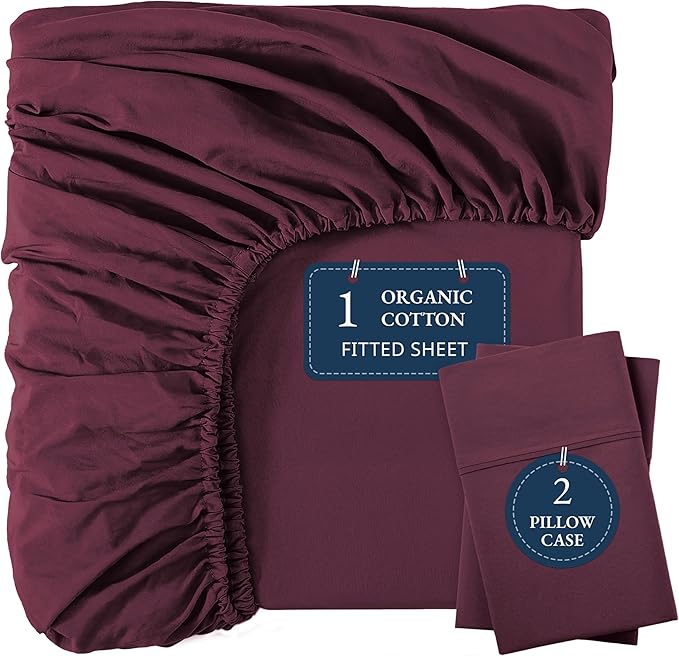 LANE LINEN Twin XL Fitted Sheet, 100% Organic Cotton 2-Piece Set (1 Fitted Sheet, 1 Pillowcase), Percale Weave, Soft, Breathable, Fits Mattress Upto 15" Deep - Windsor Wine (No Flat Sheet)