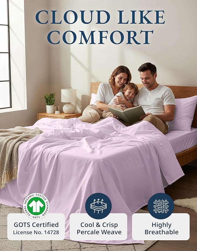 LANE LINEN 100% Organi Cotton Eco Friendly Bed Sheets Full Size, Fully Elasticized Naturally Cooling Soft & Comfy, Machine Washable Temperature Regulating Full Sheet Deep Pocket Bedding- Orchid Petal