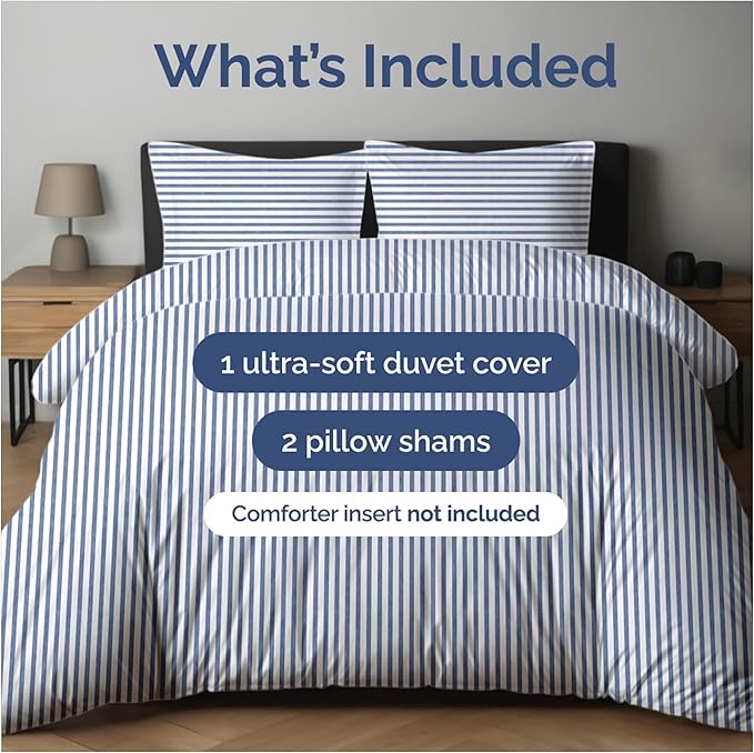 Duvet Cover Queen Size - Extra Soft Queen Size Duvet Cover - Lightweight, Breathable, Easy Care & Fade Free w/ Zipper Closures & Ties - 90" x 90" Inches - (Blue Stripes 2) Comforter Not Included