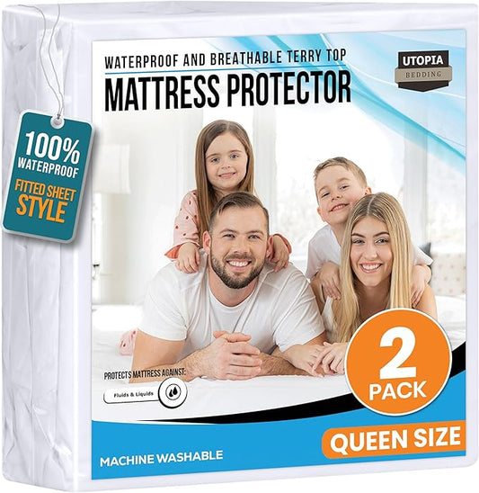 Utopia Bedding Waterproof Mattress Protector Queen Size 2 Pack, Premium 200 GSM Terry Mattress Cover, Soft & Breathable Bed Cover, Fitted Sheet Style with Stretchable Deep Pockets 17" (White)