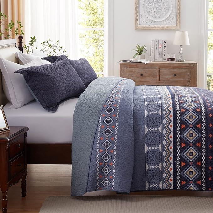 LEAONME Quilt Set Full/Queen Size 3 Piece Bedspread Coverlet Lightweight Comforter Microfiber Bedding Set for All Season Oversized 90x98 Inch Bed Cover Bohemian Navy Blue(1 Quilt,2 Pillow Shams)