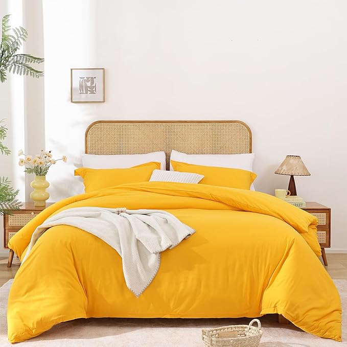 Whitney Home Textile Yellow Duvet Cover Set Queen Size - 3 Piece Luxury Soft Cooling Duvet Cover with Zipper Closure and Pillow Sham, Breathable Washed Brushed Microfiber, Comforter Not Included