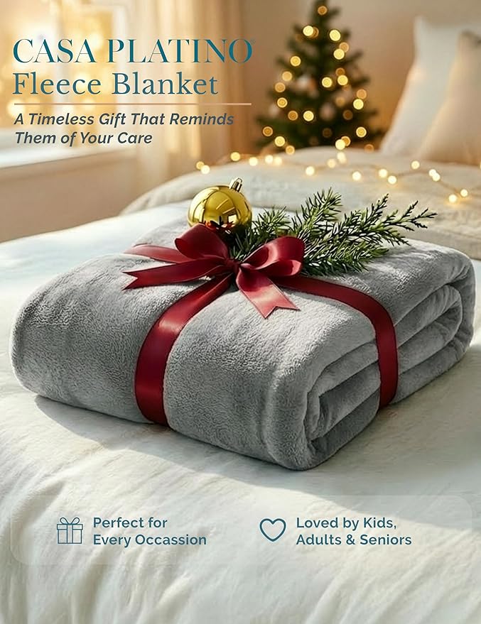 Casa Platino Fleece Blanket Queen Size – 300 GSM Light Gray Fleece Throw for Bed or Couch – Soft Cozy Warm Holiday Bed Blanket for Winter, Fuzzy Plush Elegant Gifts for Men & Women - 90x90 Inch