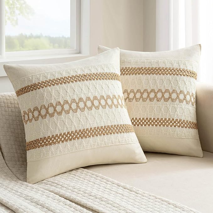 MIULEE Set of 2 Neutral Boho Decorative Pillow Covers 20x20 Inch Farmhouse Rustic Couch Throw Pillows Modern Spring Cotton Cushion Covers Retro Cute Macrame Woven Home Decor for Bed Sofa Chair