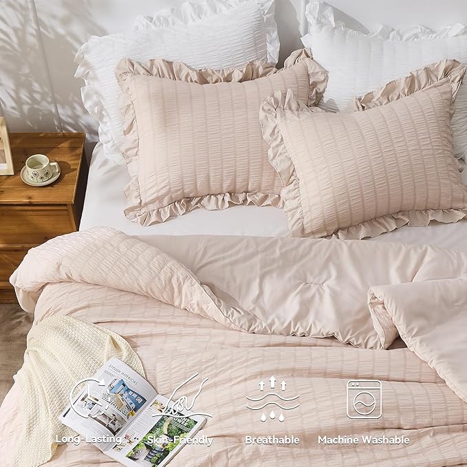 JOLLYVOGUE Beige King Comforter Set, 3 Pieces Seersucker Comforters King Size, Lightweight & Fluffy Bedding Sets for All Season with 1 Ruffle Comforter and 2 Ruffle Pillowshams