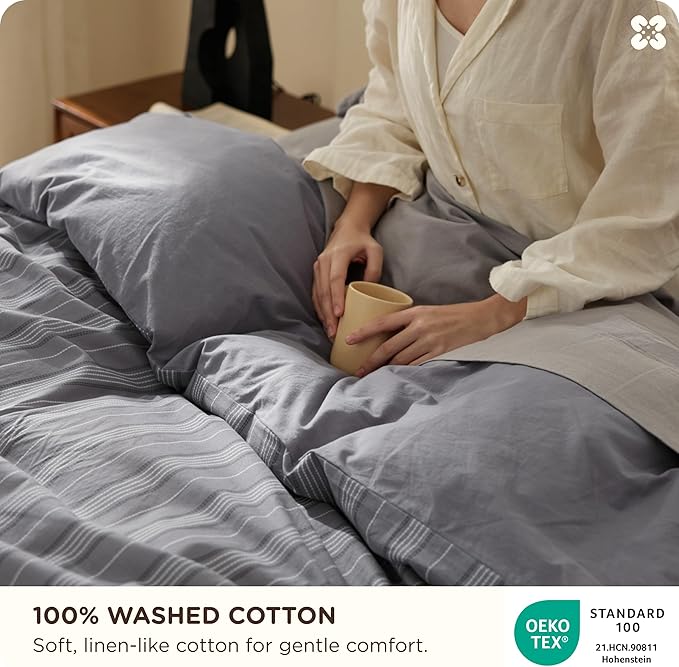 Bedsure Striped Duvet Cover Queen Size,100% Washed Cotton Duvet Cover Linen Like Textured, Classic Striped Pattern Enhances Bedroom Comfort and Style, Stripes Grey, 90"x90"