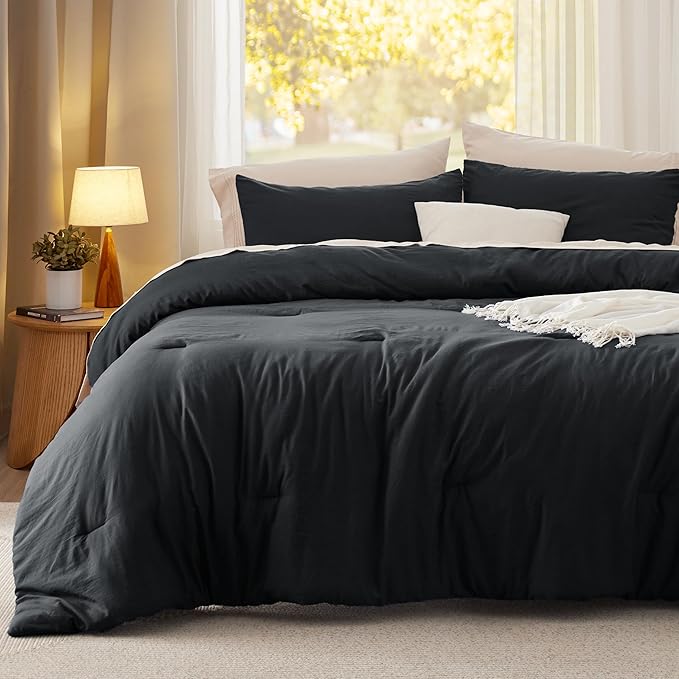 Bedsure Queen Comforter Set, Black Soft Prewashed Bedding for All Seasons, 3 Pieces GentleSoft™ Bed Set, 1 Lightweight Comforter (90"x90") and 2 Pillowcases (20"x26")