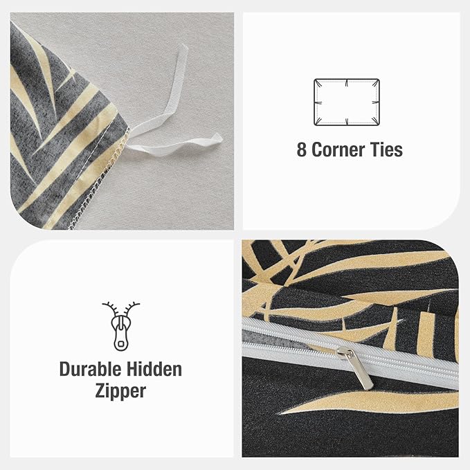 Lekesky King Duvet Cover Set, Black and Gold Tropical Palm Leaf Pattern Comforter Cover King Size, 3 Pieces Soft Microfiber Bedding Sets with Zipper & 2 Pillowcases, Comforter Not Included
