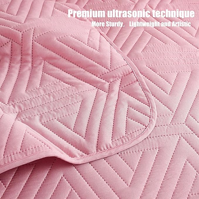 Whale Flotilla Soft Queen Size Quilt Set for All Seasons, 3-Piece Ultrasonic Geometric Quilts Bedding Set, Lightweight Reversible Bedspread, Coverlet, Bed Cover with 2 Pillow Shams, Pink