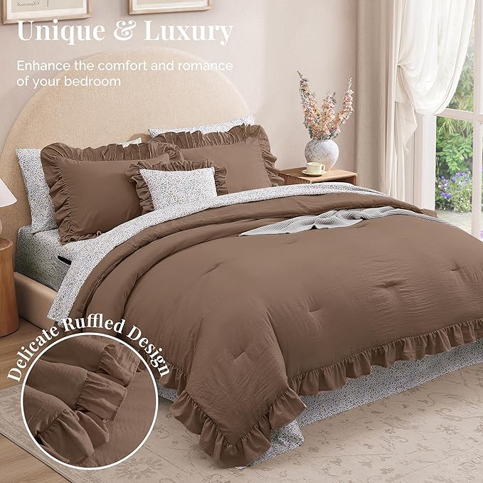 California King Comforter Set - 7 Pieces Ruffle Amber Brown Bedding Sets, Shabby Chic Farmhouse Bed in a Bag with Ruffle Comforter, Floral Sheets, Pillowcases & Shams