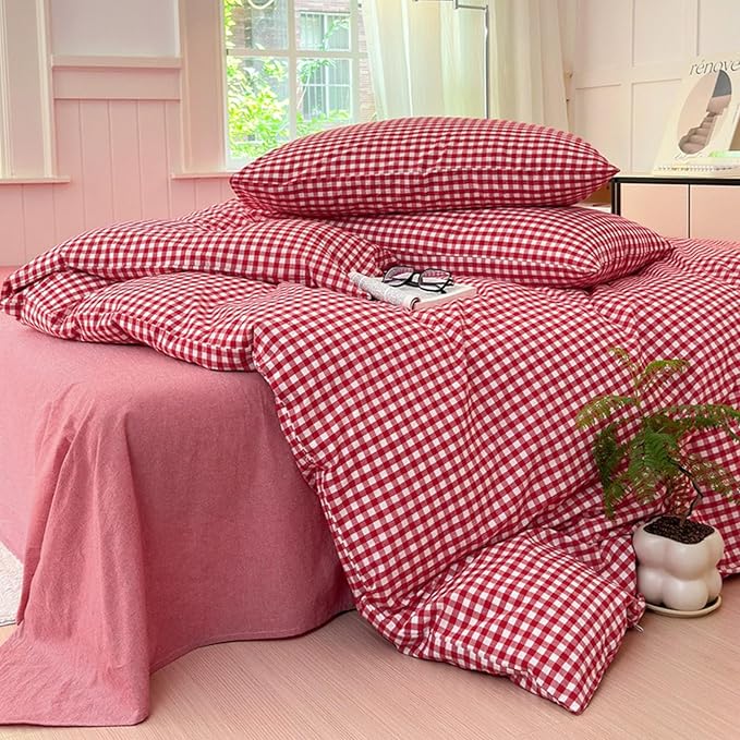 LifeTB Red Gingham Comforter Set Full Modern Style Red Plaid Comforter Set 3 Pieces Soft Fluffy Grid Checkered Pattern Comforter with 2 Pillowcases Vintage Luxury Soft Gingham Bedding Comforter Full