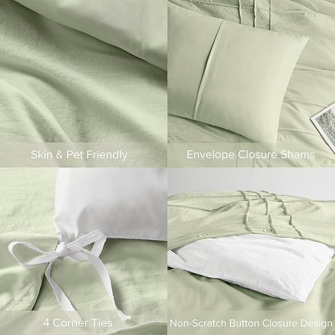 Comfort Spaces Sage Full Size Duvet Cover Set - 3-pc Pintuck Pleated Duvet Cover, All Season Lightweight, Extra Softness Pre-Washed Microfiber Full Bed Cover Shams, Full