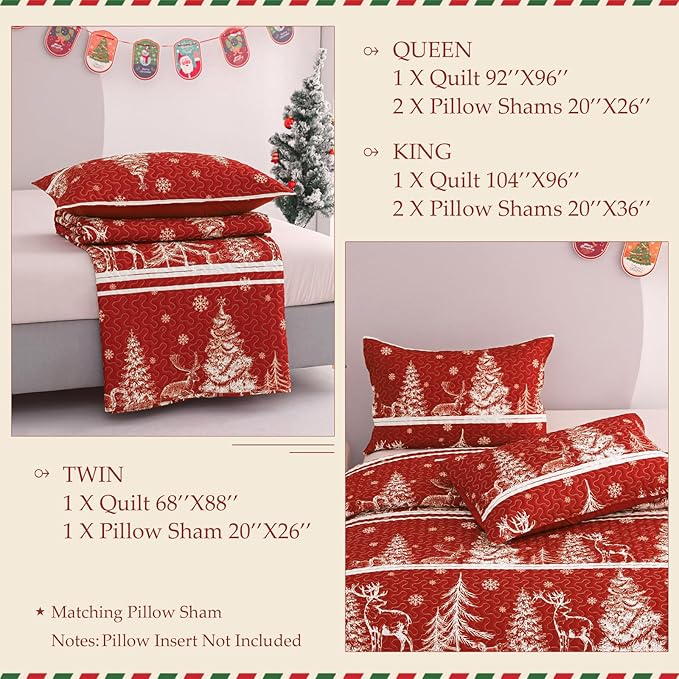 Exclusivo Mezcla Reversible Christmas Quilts King Size, Red Bedspread Lightweight Coverlet Winter Quilt Bedding Set with Printed Striped Trees Snowflakes Pattern (1 Quilt, 2 Pillow Shams)