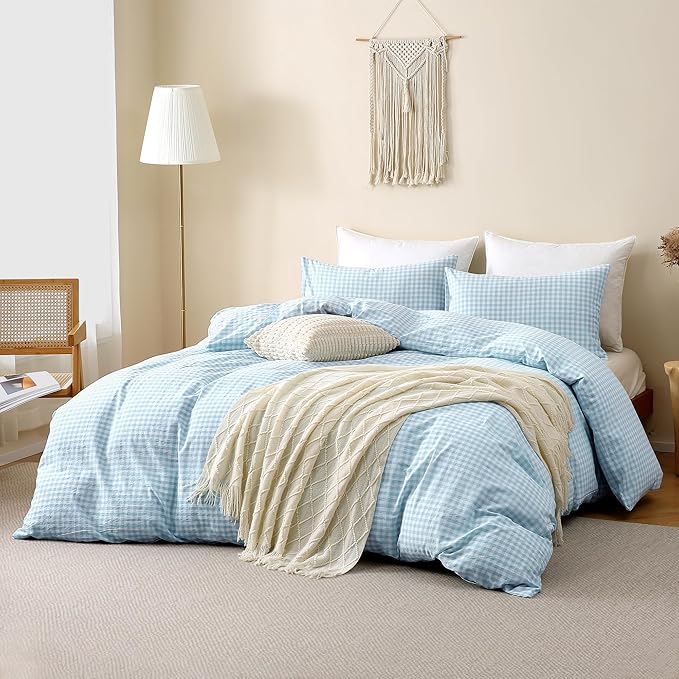 TOCOMOA Light Blue Gingham Duvet Cover Bedding Set 100% Washed Cotton Like Linen Feel Super Soft Comfy 3 Piece Vintage Plaid Checkered Comforter Cover Set (King 104"x90", Comforter Not Included)