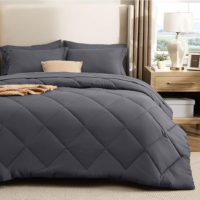 Bedsure 7 Pieces Queen Comforter Set Premium Series, Hotel Luxury Soft Bed in a Bag, Goose Down Alternative, Safe for Sensitive Skin Bedding Comforter All Season Medium Warmth, Dark Grey Queen Size