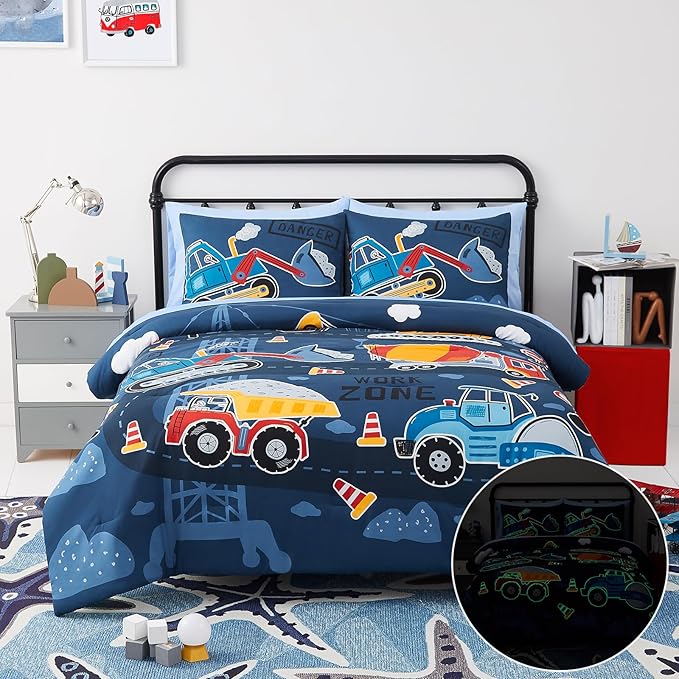 Full Kids Comforter Set - 7 Pieces Full Bedding Sets for Boys Teen, Glow in The Dark Truck Tractor Excavator Bed in A Bag with Sheets