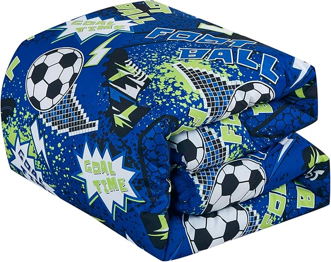 Chezmoi Collection 3-Piece Kids Football Soccer Bedding Comforter Set Twin Size - Soft Microfiber Blue Green Black White Printed Football Soccer Sports for Kids/Teens