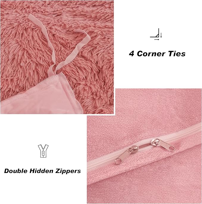 annadaif Fluffy Duvet Cover Full Size, Old Pink Plush Shaggy Faux Fur Comforter Cover Velvet Bedding Set with Zipper Closure(1 Duvet Cover, 2 Pillowcases)