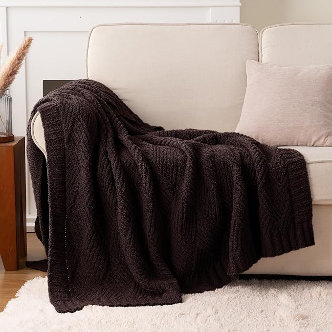 Battilo Brown Diamond Knit Throw Blanket for Couch and Bed, Soft Textured Chenille Blanket, Cozy Lightweight Decorative Blanket for Sofa, 50"x60"