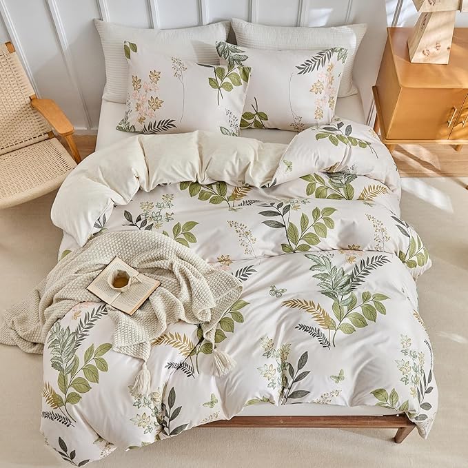 Lekesky Queen Size Reversible Duvet Cover, Duvet Cover Queen Size 3 Piece Green Leaf Microfiber Botanical Bedding Set with Zipper Closure Corner Ties