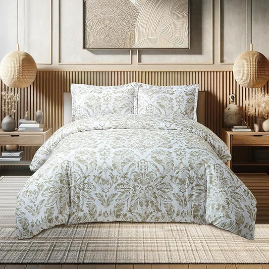 Style Quarters Duvet Cover King Size, 3 Pcs Floral Duvet Covers with Zipper Closure, 100% Polyester Bedding Set, Comforter Cover with Gray Baroque Pattern Include 1 Duvet Cover and 2 Pillow Shams