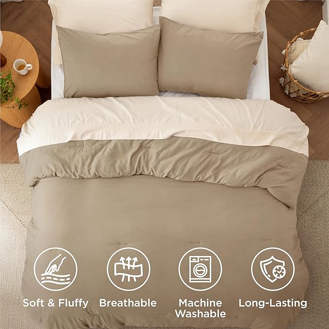 Bedsure Twin/Twin XL Comforter Set, Khaki Soft Prewashed Bedding for All Seasons, 2 Pieces GentleSoft™ Bed Set, 1 Lightweight Comforter (68"x88") and 1 Pillowcase (20"x26")