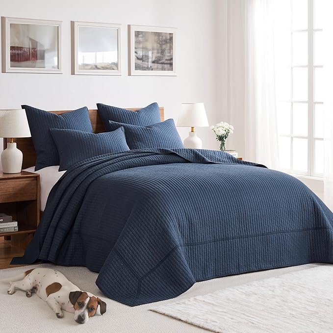 Levtex Home Cross Stitch Reversible Full Bedspread Set (100x104in) with 2 Pillow Shams (26x20in) - Stitch Texture - Navy - 100% Cotton Full Size Bedspread Set - Lightweight, Soft, Pre-Washed