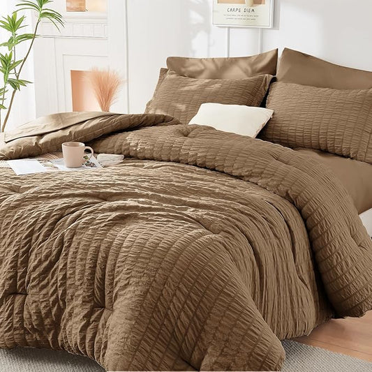 HYMOKEGE Brown Twin Comforter Set Seersucker 5 Pieces, All Season Luxury Bed in a Bag for Bedroom, Bedding Set with Comforter, Sheets, Pillowcase & Sham