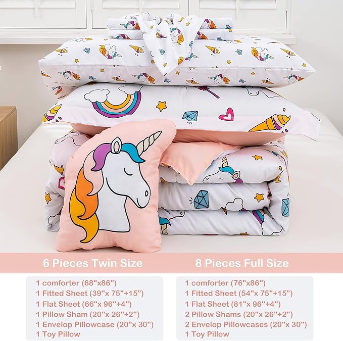 Mooreeke Bed in a Bag for Kids Girls Teens, 8 Pieces Full Size Comforter Bed Set with Shams, Sheet Set and Decorative Toy Pillow, Unicorn Rainbow Super Soft Microfiber Kids Bedding Set