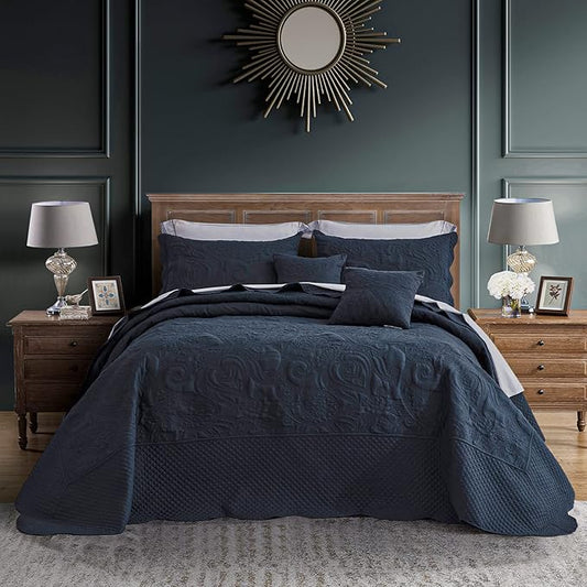 Oversized King Bedspread 138x122 Extra Wide, Paisley Pattern Design, Lightweight Bedding Cover, Reversible, 5 Piece, 100% Microfiber, California/Alaskan King, Navy Blue