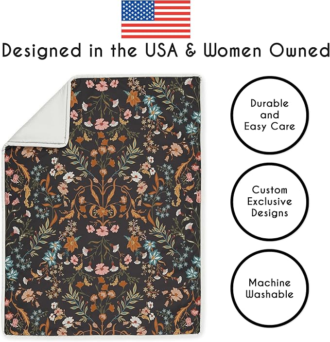 Sweet Jojo Designs 4-Piece Baby Crib Bedding Set (Black Wildflower Vintage Floral) for Girls, Infants/Nursery incl. Blanket, Fitted Sheet, Skirt, Diaper Stacker (Boho, Paisley, Bohemian, Cottagecore)