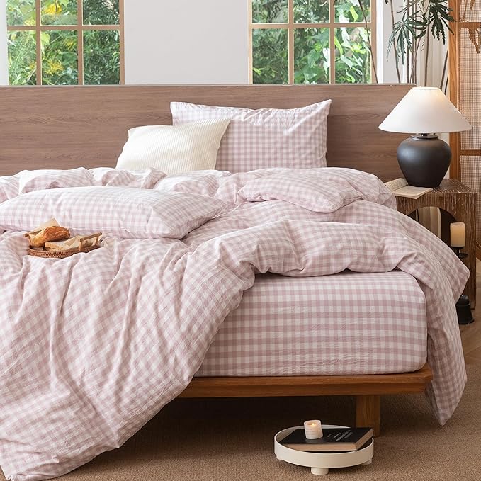 MooMee Gingham Duvet Cover Set 100% Washed Cotton Linen Like Textured Breathable Durable Soft Comfy Modern Checkered Design (Classic Gingham Greyish Pink, Oversized Full 82"x86")