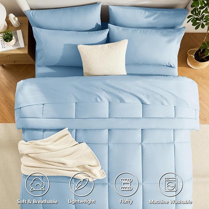 CozyLux Full Size Comforter Set Baby Blue, 7 Pieces Bed in a Bag, Blue Comforter Full Size, All Season Bedding Sets with Stitch Quilted Comforter, Flat Sheet, Fitted Sheet, Pillowcases