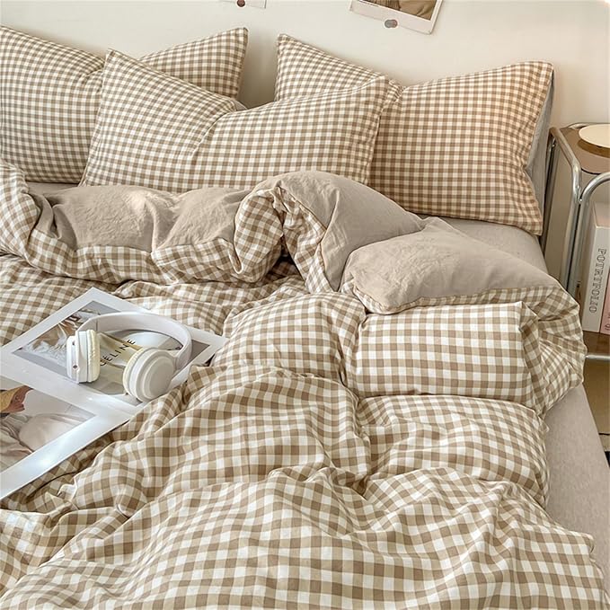 Nayoroom Gingham Duvet Cover Full Size Brown Tan Plaid Checkered Comforter Cover 3 Pieces Soft Lightweight Washed Microfiber Farmhouse Grid Dorm Bedding Set with Pillowcases