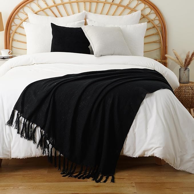 Battilo Black Solid Knit Throw Blanket for Couch and Bed, Soft Textured Plush Blanket, Cozy Lightweight Decorative Blanket for Sofa, 50"x60"