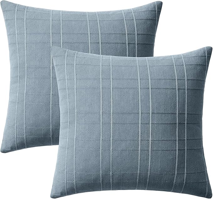 MIULEE Decorative Linen Check Throw Pillow Covers Neutral Farmhouse Vintage Pillow Covers 20x20 Set of 2 Boho Modern Home Decor for Sofa Couch Bedroom Cushion Blue Grey