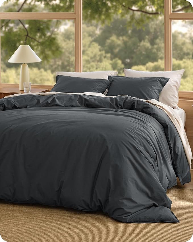 Bedsure Cotton Duvet Cover Queen - Luxury Slub Weave 100% Cotton Duvet Cover with a Linen Like Textured, Easy Change Durable Bedding, Charcoal, 90" x 90"