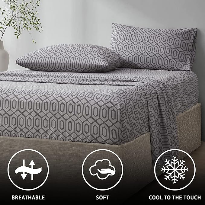 Comfort Spaces 100% Cotton Sheet Set Breathable, Lightweight, Soft with 14" Elastic Pocket Fits up to 16" Mattress, All Season Cozy Bedding, Matching Pillow Case, Cal King Diamond Sliver 4 Piece