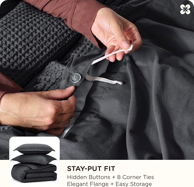 Bedsure Cotton Duvet Cover Queen - 100% Cotton Waffle Weave Charcoal Duvet Cover Queen Size, GentleSoft™ and Breathable Bedding Set for All Season, 3 Pieces, 90"x90"