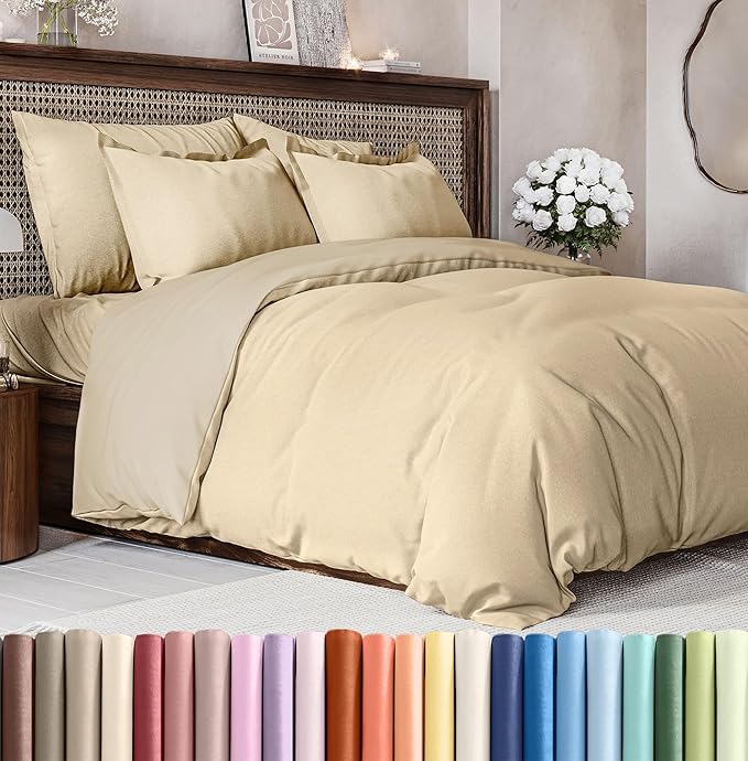 Duvet Cover Full Size - Extra Soft Full Size Duvet Cover - Lightweight & Breathable - Easy Care & Fade Free with Zipper Closures & Ties - 80" x 90" Inches - (Heathered Tan) Comforter Not Included