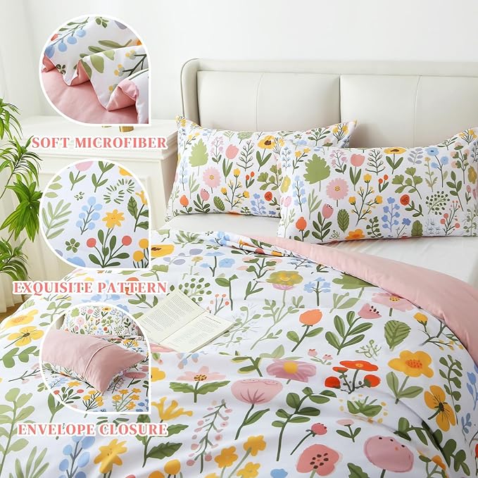 King Comforter Set Pink 3 Pieces Bed in a Bag, Colorful Floral Bedding Sets Elegant Botanical Bed Set, Lightweight Soft Comforter with 2 Pillowcases for All Season