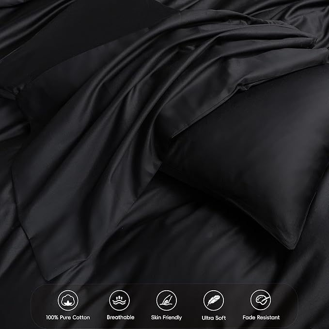 MooMee Duvet Cover Set 100% Extra Long Staple Cotton 600 Thread Count Silky Sateen Smooth Luxury Soft Breathable Durable Hotel Quality Bedding, 3 Pieces (Black,California King 104"x98")