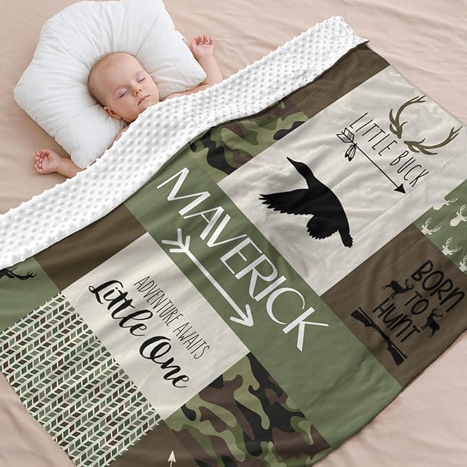 Personalized Baby Blankets for Boys, Baby Blanket for Boys with Name, Soft Plush Receiving for Newborns - Essential Baby Items, Camo Woodland Bear 35x45 Inches