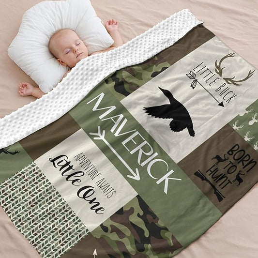 Personalized Baby Blankets for Boys, Baby Blanket for Boys with Name, Soft Plush Receiving for Newborns - Essential Baby Items, Camo Woodland Bear 35x45 Inches
