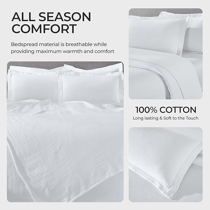 Superior 3 Piece Cotton Reversible Bedspread and Sham Set, Home Bed Decor, Decorative Bed Spread, 2 Pillow Shams, Medium Weight, Matelasse Coverlet Bedding, Valencia Collection, Full Size, White