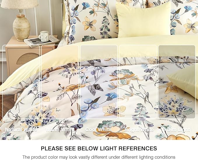 King Size Duvet Cover Set with Button Closure - Blue and Yellow Botanical Luxury Bedding for a Comfortable Sleeping