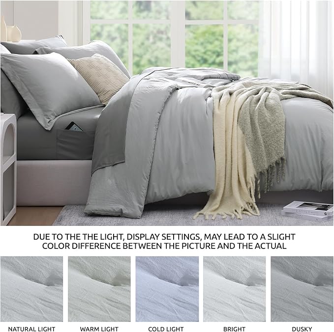 WRENSONGE Queen Comforter Set- 7 Pieces Soft Light Grey Bed in a Bag Queen with Fitted Sheet, Flat Sheet, 2 Pillow Shams, and 2 Pillowcases- Warm Bed Set for All Season