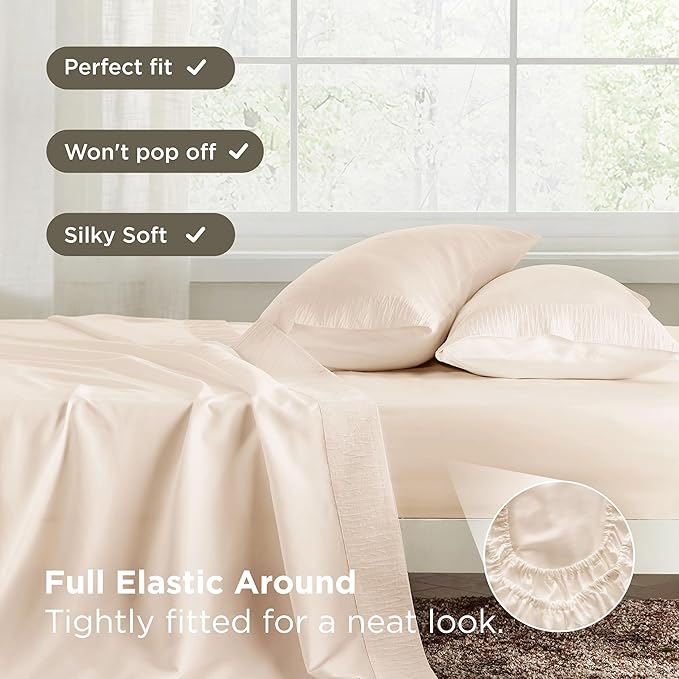 Bedsure Queen Sheet Set - 4 Pieces Soft Queen Size Sheets - Breathable & Cooling - Hotel Luxury - Easy Care Polyester Microfiber Bedding for Women, Men, Light Beige