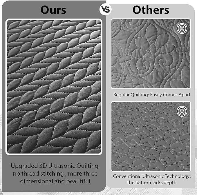 MOONLIGHT20015 California King Quilt Bedding Set Size (118"x106") + 2 Pillow Shams (20" x 36"+ 2") - 3 Pcs All Season Reversible Microfiber Coverlet Embossed Quilt Bedspread (Grey)